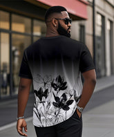 Men's Plus Size Black And White Gradient Floral Print Henry Collar Button Short Sleeve T-shirt